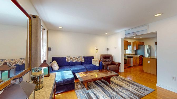 Interior, Kitchen, Living room, Recessed Lighting, Stainless Steel Appliances, Wood Texture Flooring
