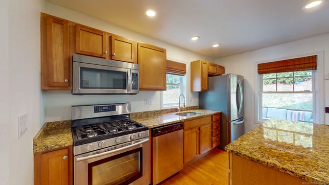 Interior, Kitchen, Recessed Lighting, Stainless Steel Appliances, Wood Texture Flooring