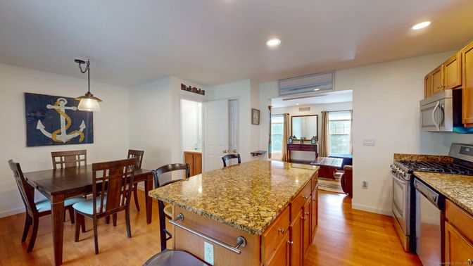 Dining room, Interior, Kitchen, Pendant Lights, Recessed Lighting, Wood Texture Flooring