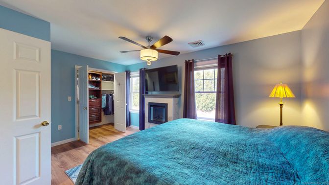 Bedroom, Fireplace, Interior, Wood Texture Flooring
