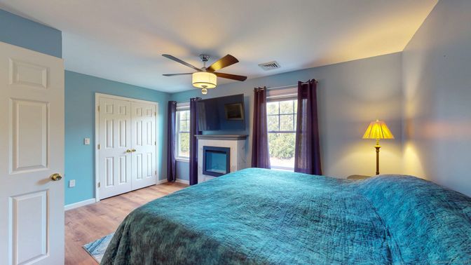 Bedroom, Fireplace, Interior, Wood Texture Flooring