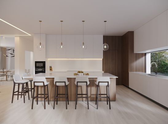 Interior, Kitchen, Pendant Lights, Wood Texture Flooring