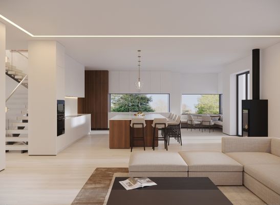 Dining room, Interior, Kitchen, Living room, Pendant Lights, Wood Texture Flooring