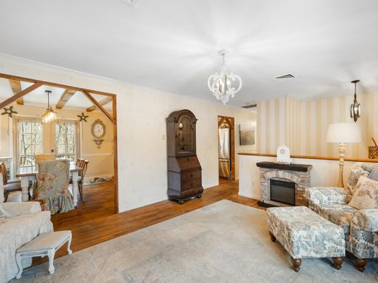 Chandelier, Dining room, Fireplace, Interior, Living room, Pendant Lights, Wood Texture Flooring