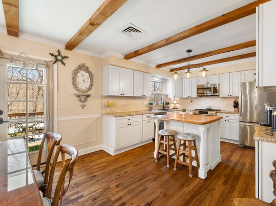 Interior, Kitchen, Pendant Lights, Stainless Steel Appliances, Wooden Beams, Wood Texture Flooring