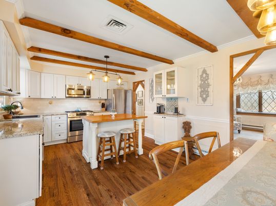 Interior, Kitchen, Pendant Lights, Stainless Steel Appliances, Wooden Beams, Wood Texture Flooring