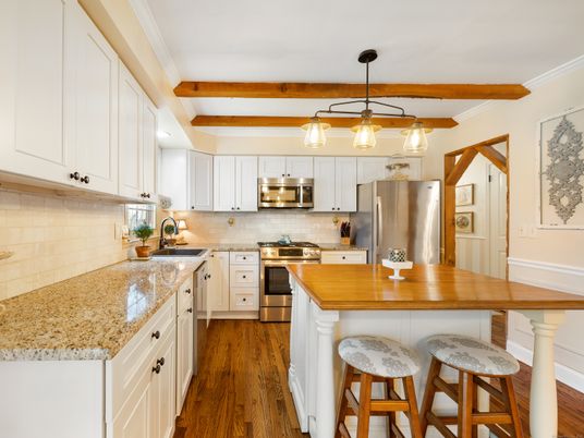 Interior, Kitchen, Pendant Lights, Stainless Steel Appliances, Wooden Beams, Wood Texture Flooring