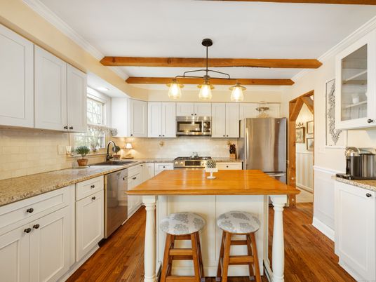 Interior, Kitchen, Pendant Lights, Recessed Lighting, Stainless Steel Appliances, Wooden Beams, Wood Texture Flooring