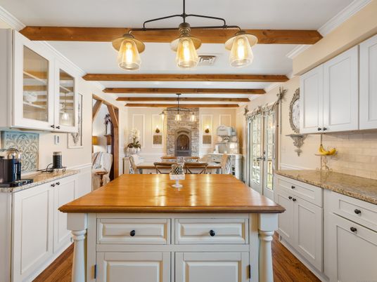 Dining room, Fireplace, Interior, Kitchen, Pendant Lights, Stone Walls, Wooden Beams, Wood Texture Flooring