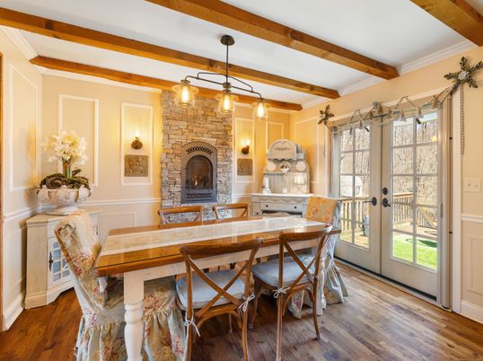 Dining room, Fireplace, Interior, Pendant Lights, Stone Walls, Wooden Beams, Wood Texture Flooring