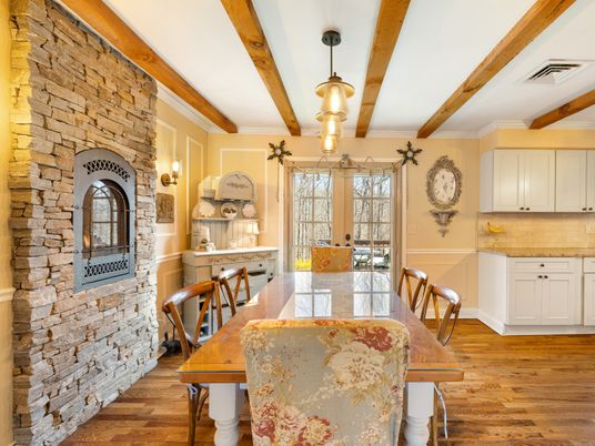 Dining room, Fireplace, Interior, Pendant Lights, Stone Walls, Wooden Beams, Wood Texture Flooring