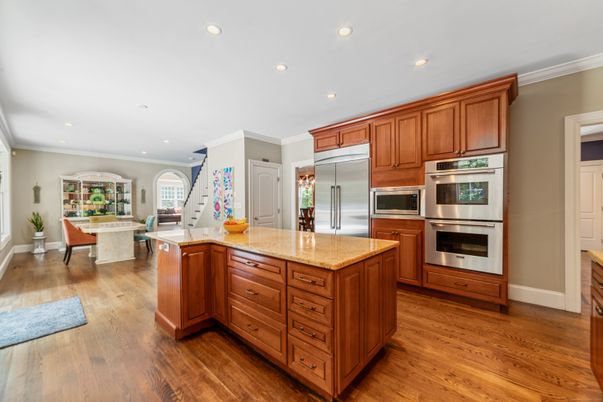 Dining room, Interior, Kitchen, Recessed Lighting, Stainless Steel Appliances, Wood Texture Flooring