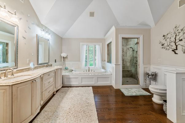 Bathroom, Dual Sink Vanities, Glass Shower, Interior, Wood Texture Flooring