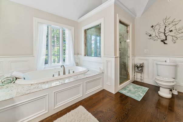 Bathroom, Glass Shower, Interior, Wood Texture Flooring
