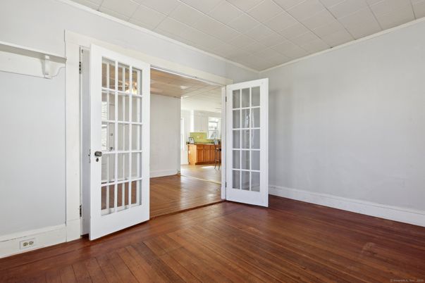 Empty room, Interior, Kitchen, Recessed Lighting, Wood Texture Flooring