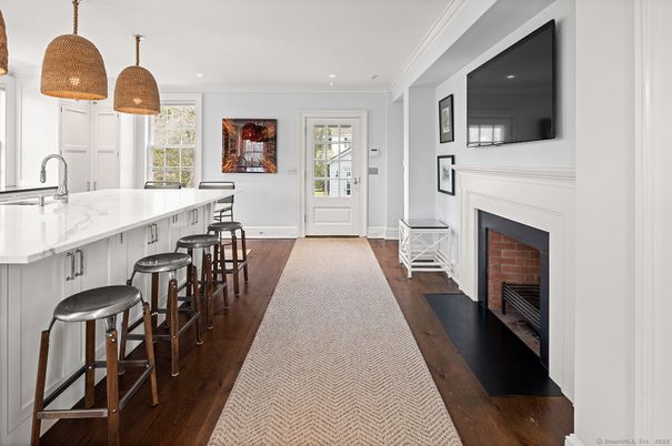Fireplace, Interior, Kitchen, Recessed Lighting, Wood Texture Flooring