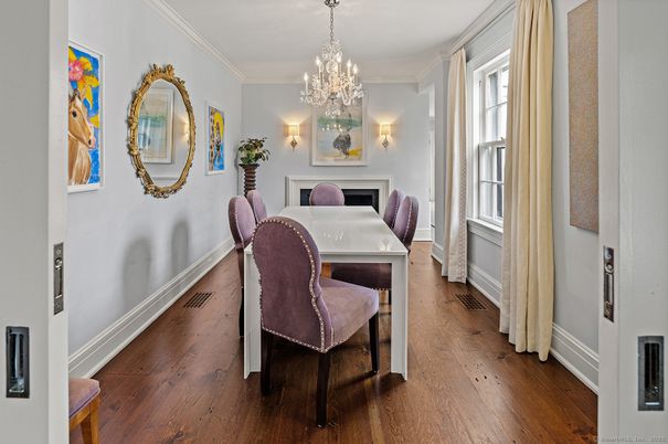 Chandelier, Dining room, Interior, Wood Texture Flooring