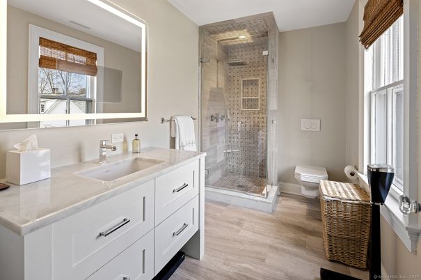 Bathroom, Glass Shower, Interior, Wood Texture Flooring