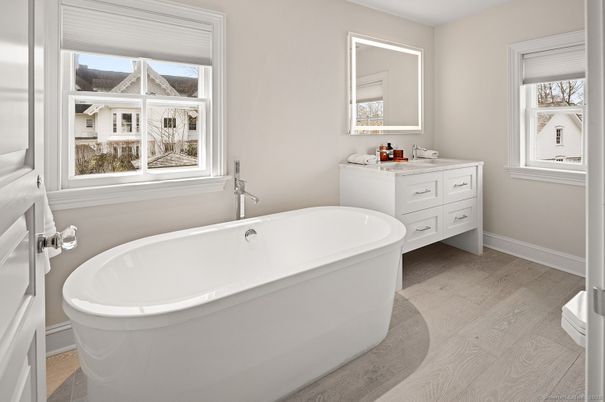 Bathroom, Free Standing Baths, Interior, Wood Texture Flooring