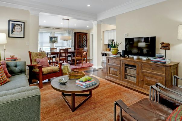 Dining room, Interior, Living room, Pendant Lights, Recessed Lighting, Wood Texture Flooring