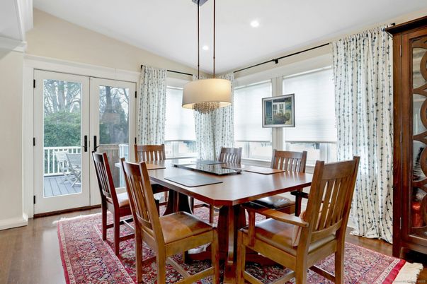 Dining room, Interior, Pendant Lights, Recessed Lighting, Wood Texture Flooring