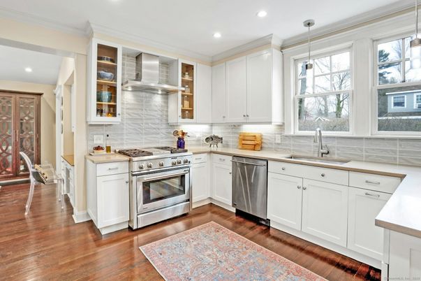 Interior, Kitchen, Pendant Lights, Recessed Lighting, Stainless Steel Appliances, Wood Texture Flooring