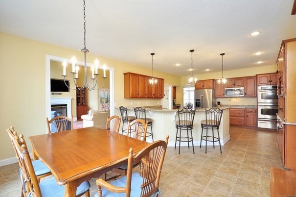 Dining room, Fireplace, Interior, Kitchen, Pendant Lights, Recessed Lighting, Stainless Steel Appliances