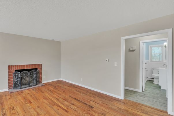 Bathroom, Empty room, Fireplace, Interior, Wood Texture Flooring