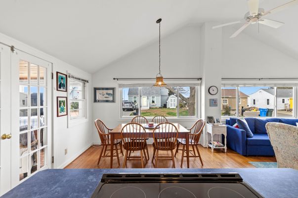Dining room, Interior, Pendant Lights, Wood Texture Flooring