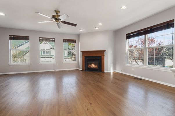 Empty room, Fireplace, Interior, Recessed Lighting, Wood Texture Flooring