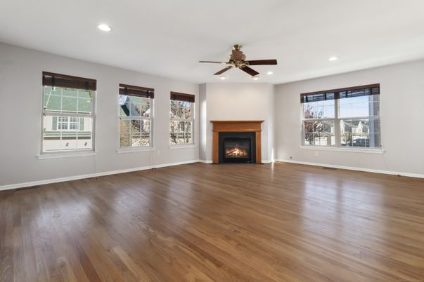 Empty room, Fireplace, Interior, Recessed Lighting, Wood Texture Flooring