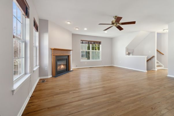 Empty room, Fireplace, Interior, Recessed Lighting, Wood Texture Flooring