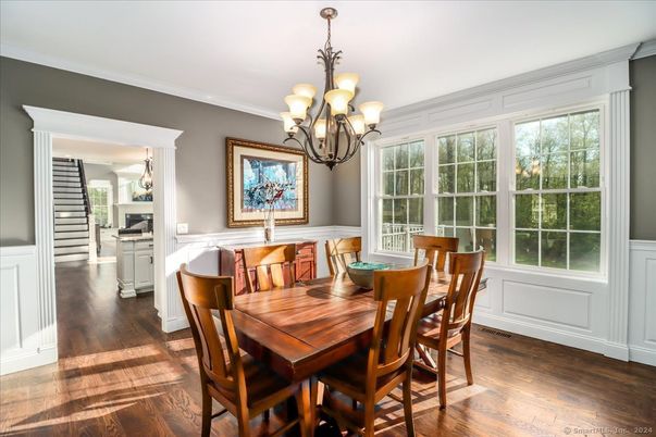 Chandelier, Dining room, Interior, Wood Texture Flooring