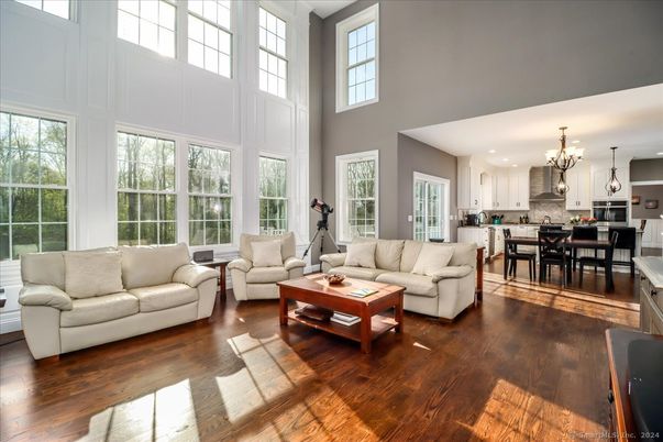 Chandelier, Dining room, Interior, Kitchen, Living room, Pendant Lights, Recessed Lighting, Wood Texture Flooring