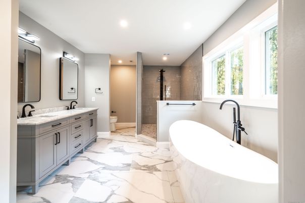 Bathroom, Dual Sink Vanities, Free Standing Baths, Glass Shower, Interior, Marble, Recessed Lighting