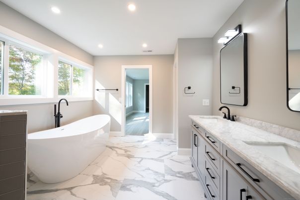 Bathroom, Dual Sink Vanities, Free Standing Baths, Interior, Marble, Recessed Lighting