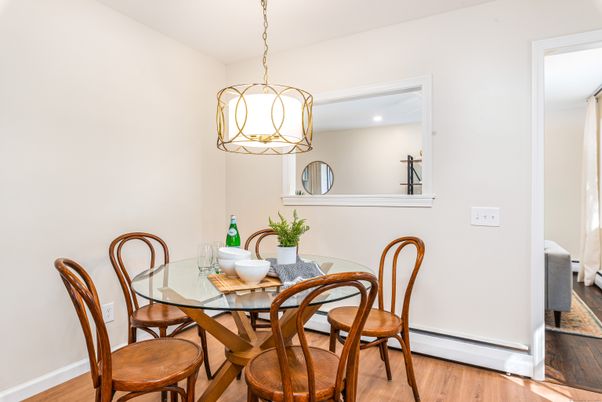 Dining room, Interior, Pendant Lights, Recessed Lighting, Wood Texture Flooring