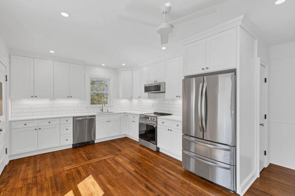 Interior, Kitchen, Recessed Lighting, Stainless Steel Appliances, Wood Texture Flooring
