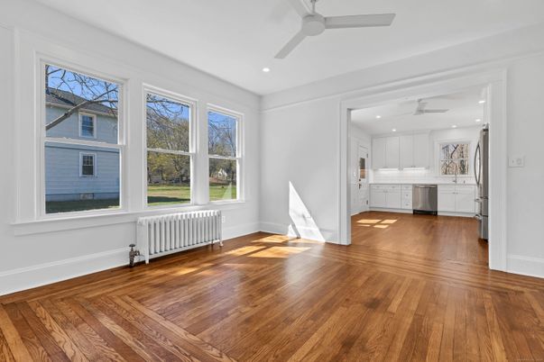 Empty room, Interior, Kitchen, Recessed Lighting, Wood Texture Flooring