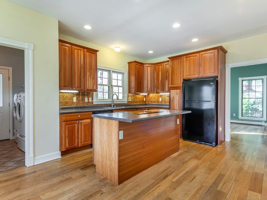 Interior, Kitchen, Recessed Lighting, Washer, Wood Texture Flooring