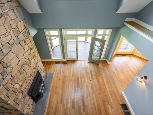 Empty room, Fireplace, Interior, Stone Walls, Wood Texture Flooring