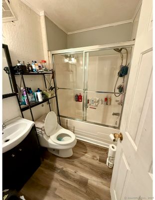 Bathroom, Glass Shower, Interior, Wood Texture Flooring
