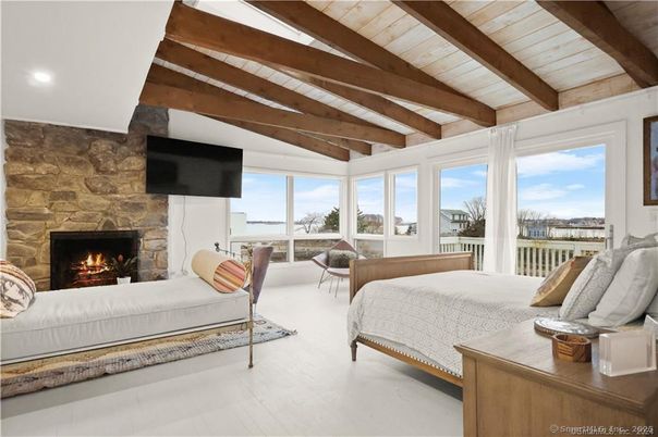 Bedroom, Fireplace, Interior, Recessed Lighting, Stone Walls, Wooden Beams