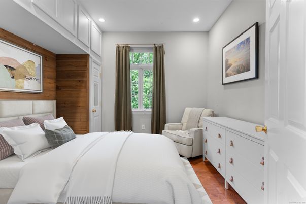 Bedroom, Interior, Recessed Lighting, Wood Texture Flooring, Wooden Walls