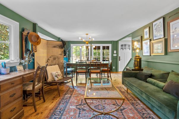 Dining room, Interior, Living room, Pendant Lights, Wood Texture Flooring