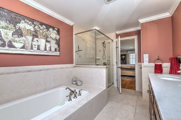 Bathroom, Glass Shower, Interior, Recessed Lighting, Wood Texture Flooring