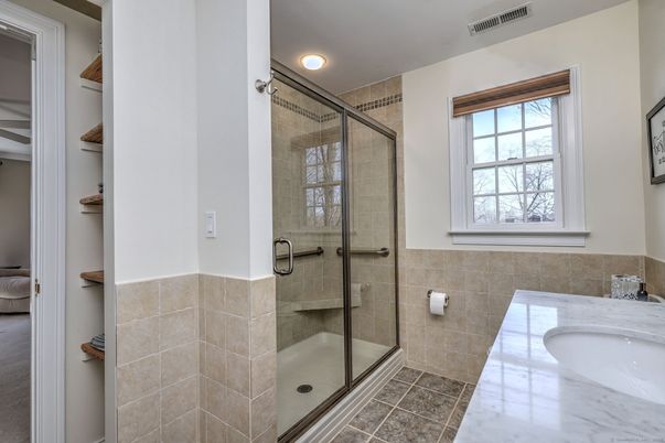 Bathroom, Glass Shower, Interior, Recessed Lighting, Tile Countertops