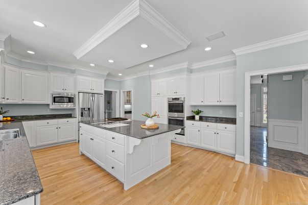 Interior, Kitchen, Recessed Lighting, Stainless Steel Appliances, Wood Texture Flooring
