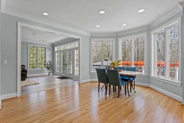 Dining room, Interior, Recessed Lighting, Wood Texture Flooring