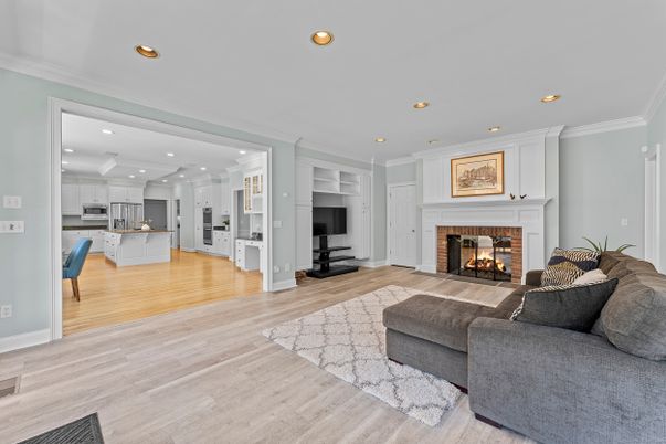 Fireplace, Interior, Kitchen, Living room, Recessed Lighting, Wood Texture Flooring